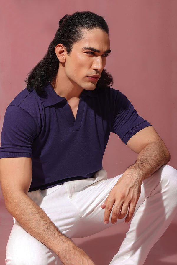 Navy Blue Open Collar Structured Pique Polo Shirt