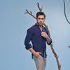 Imperial Blue Seersucker Open V-Neck Collared Shirt