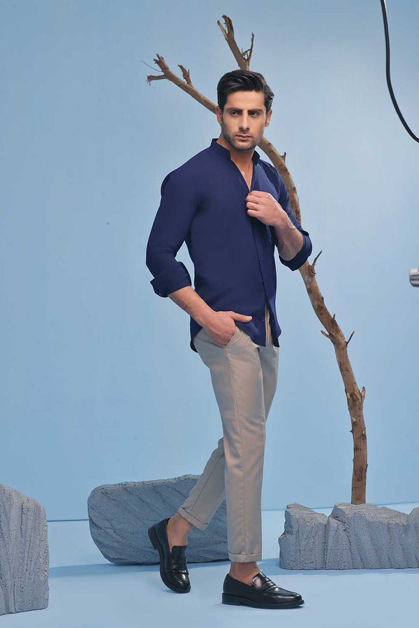 Imperial Blue Seersucker Open V-Neck Collared Shirt