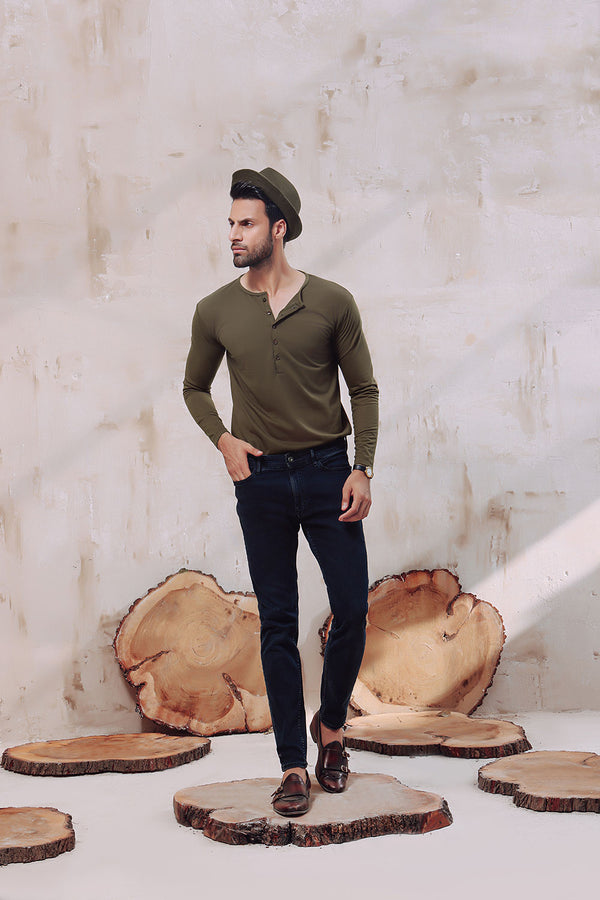 Khaki Green Five Button Henley