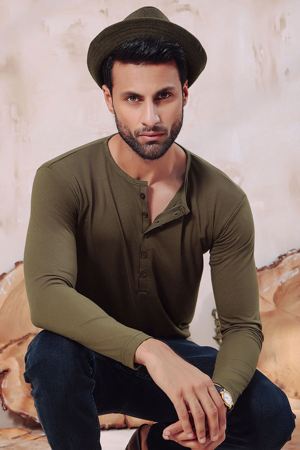 Khaki Green Five Button Henley