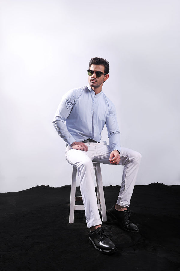 Sky Blue Linen With Stand-Up Collar Shirt