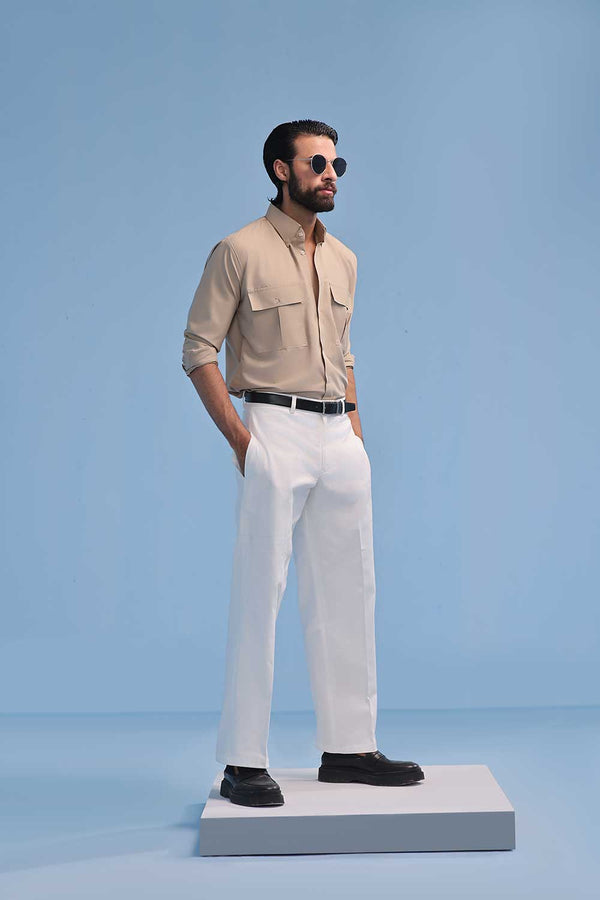 Beige Cotton Dress Shirt With Chest Pockets