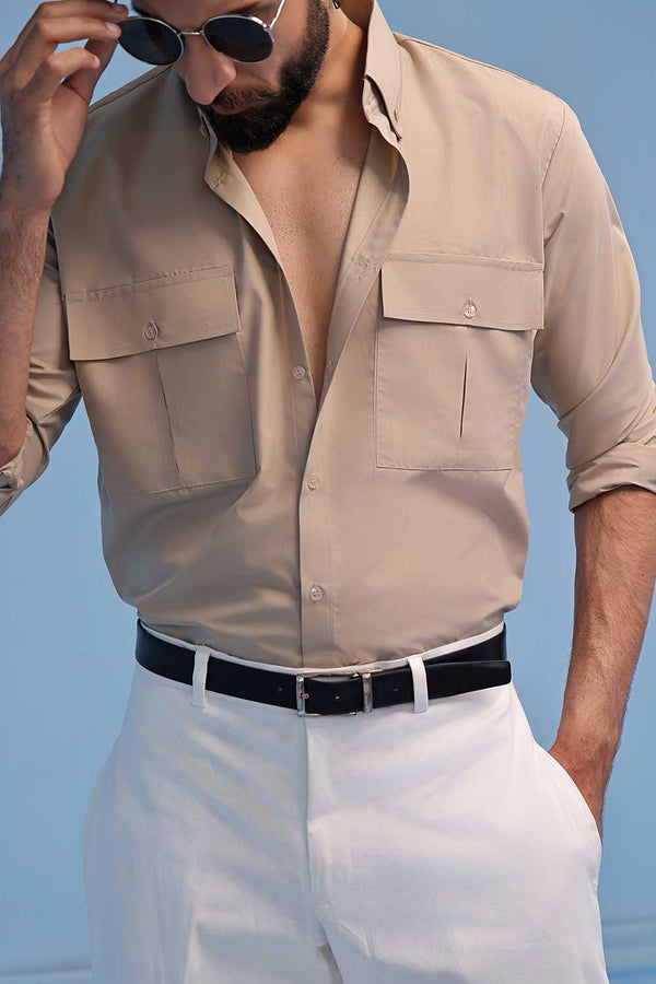 Beige Cotton Dress Shirt With Chest Pockets
