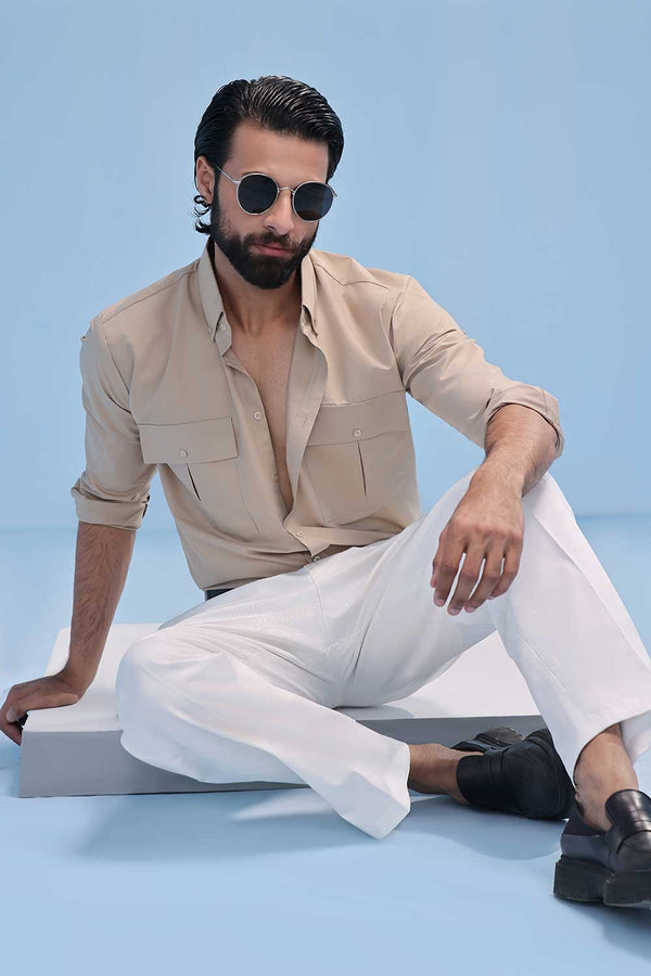 Beige Cotton Dress Shirt With Chest Pockets
