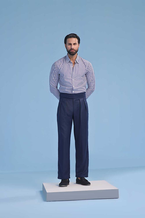 Navy Blue High Waisted Wide Leg Side Tab Trousers