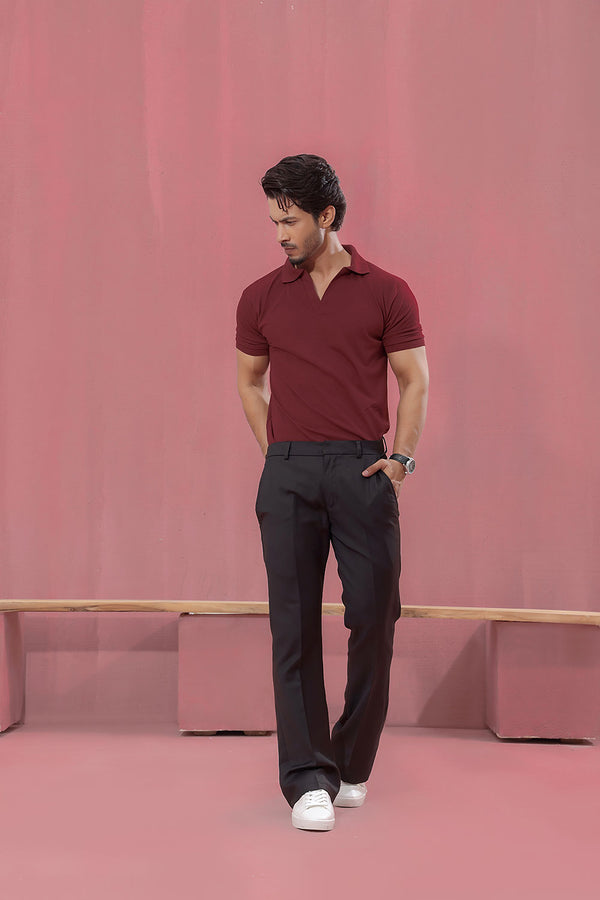 Maroon Open Collar Structured Pique Polo Shirt