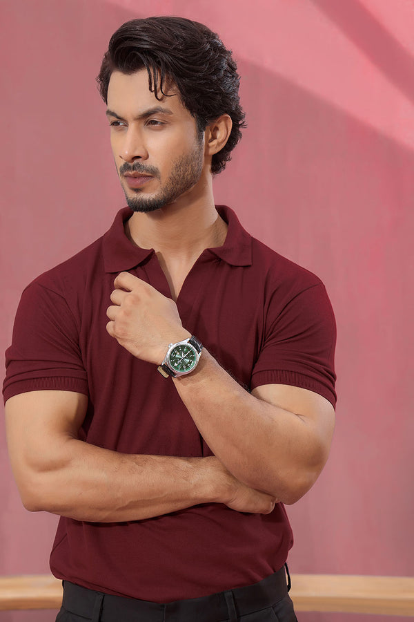 Maroon Open Collar Structured Pique Polo Shirt