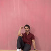 Maroon Open Collar Structured Pique Polo Shirt