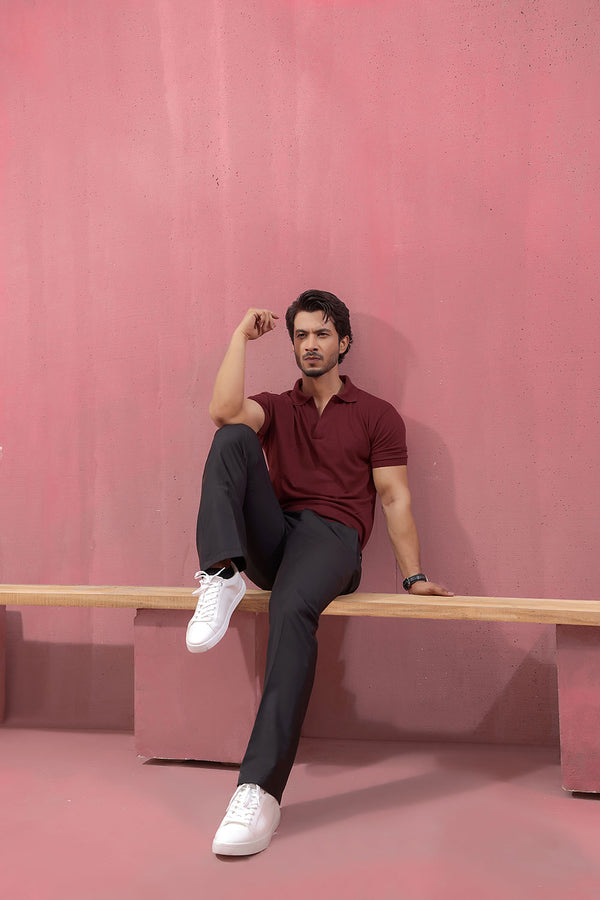 Maroon Open Collar Structured Pique Polo Shirt