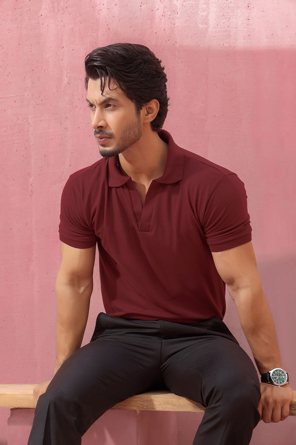 Maroon Open Collar Structured Pique Polo Shirt