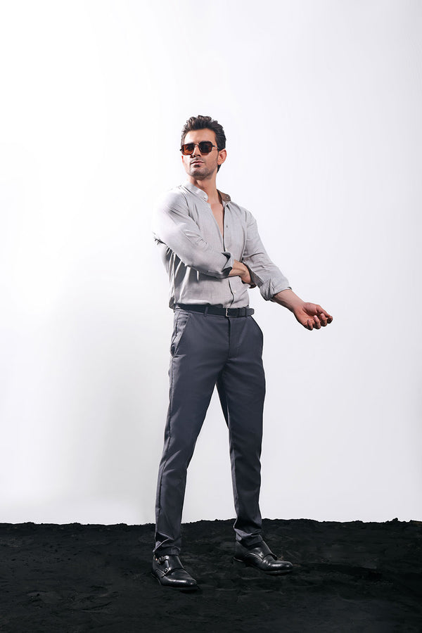 Grey Linen With Stand-Up Collar Shirt