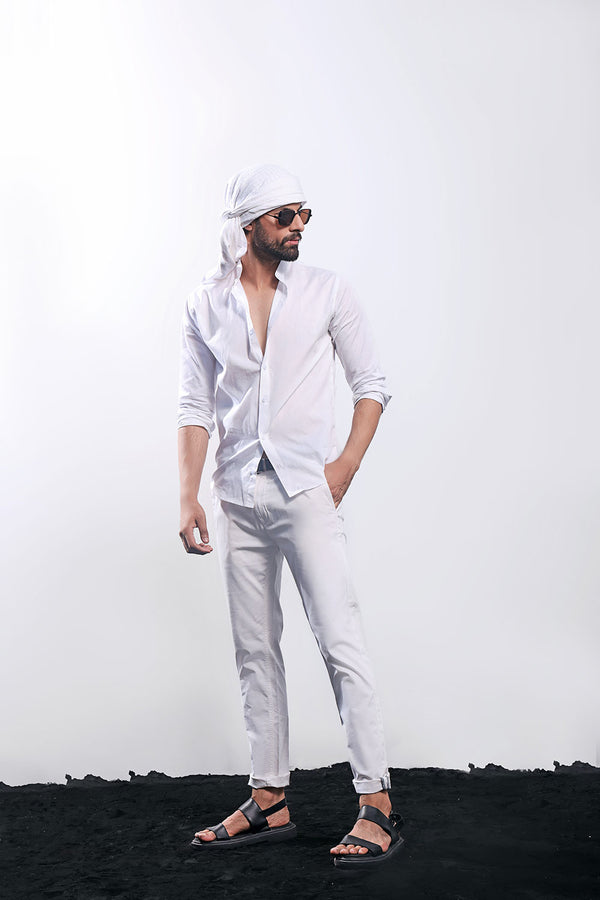 White Linen Blend Stand-Up Collar Shirt