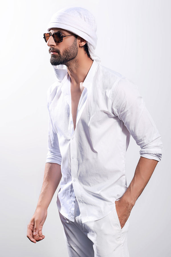 White Linen Blend Stand-Up Collar Shirt