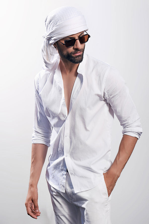 White Linen Blend Stand-Up Collar Shirt