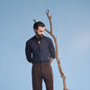 Navy Blue Linen Blend Stand-Up Collar Shirt