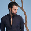 Navy Blue Linen Blend Stand-Up Collar Shirt