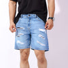 Top Stitched Light Blue Ripped Denim Shorts