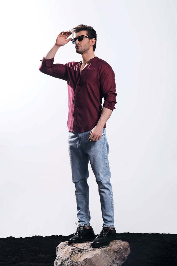 Maroon Seersucker With Stand-Up Collar Shirt