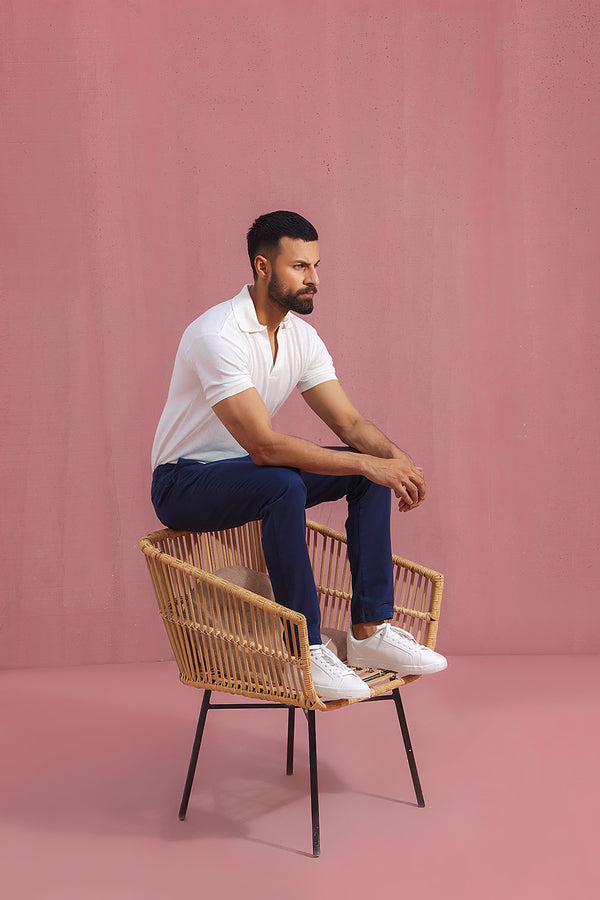 White Open Collar Structured Pique Polo Shirt