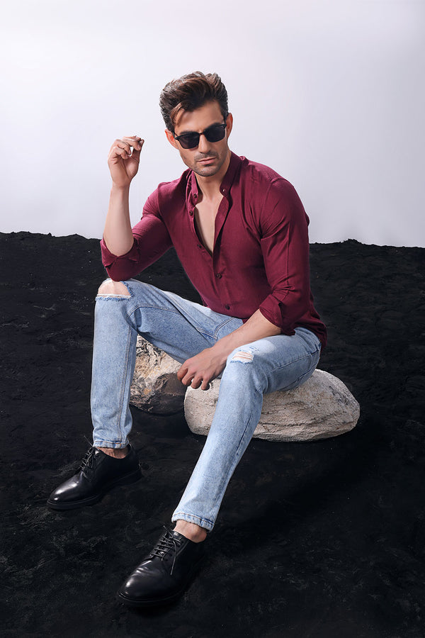 Maroon Seersucker With Stand-Up Collar Shirt