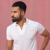 White Open Collar Structured Pique Polo Shirt