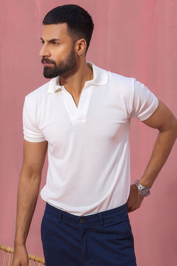 White Open Collar Structured Pique Polo Shirt