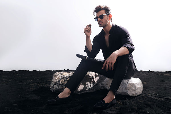 Black Linen Blend Stand-Up Collar Shirt