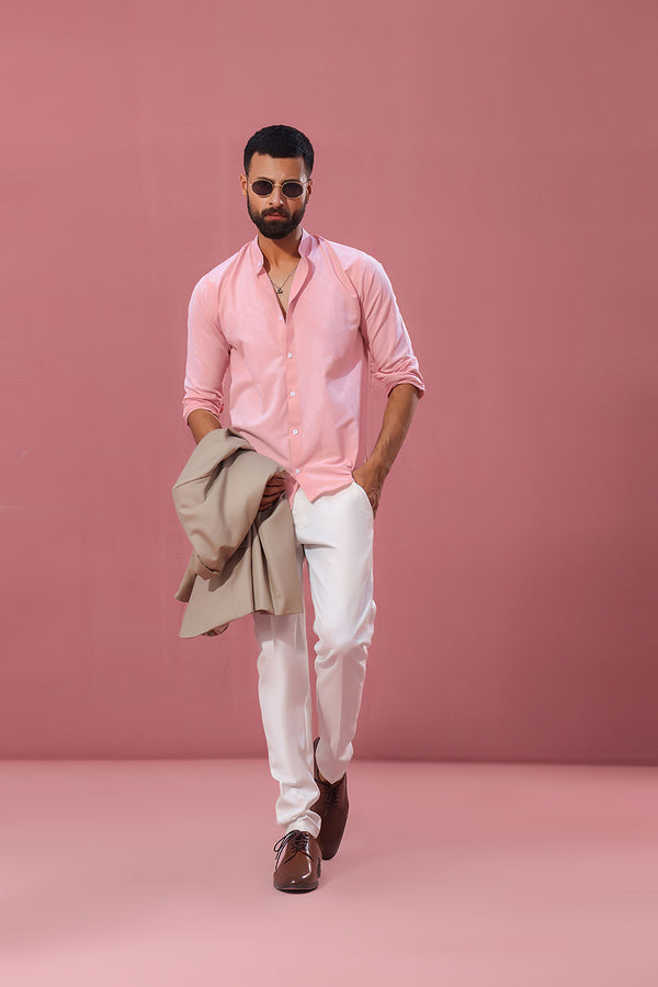 Peach Linen With Stand-Up Collar Shirt