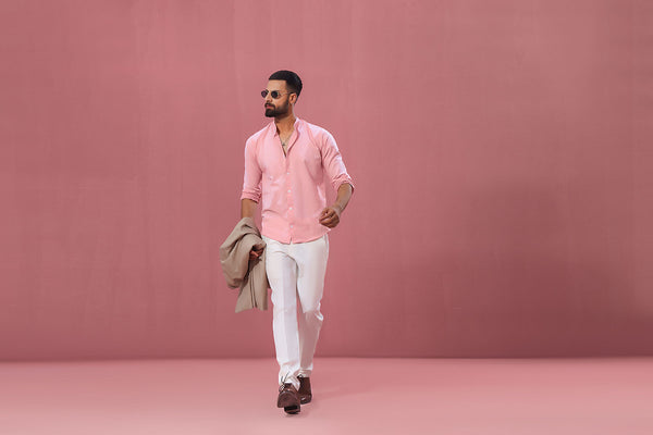 Peach Linen With Stand-Up Collar Shirt