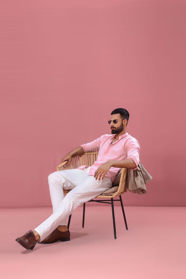 Peach Linen With Stand-Up Collar Shirt