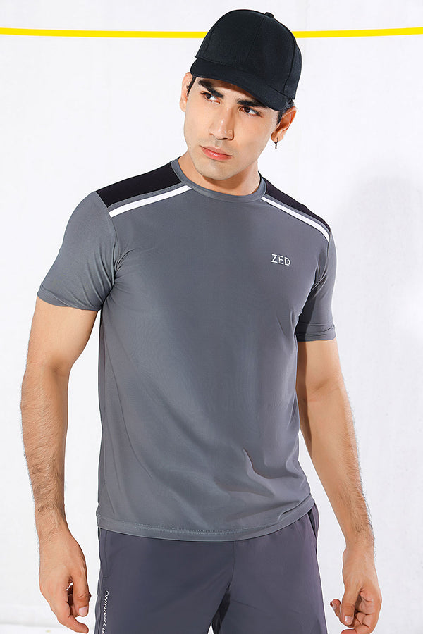 ZED Grey Active Stripe Performance Training T-shirt