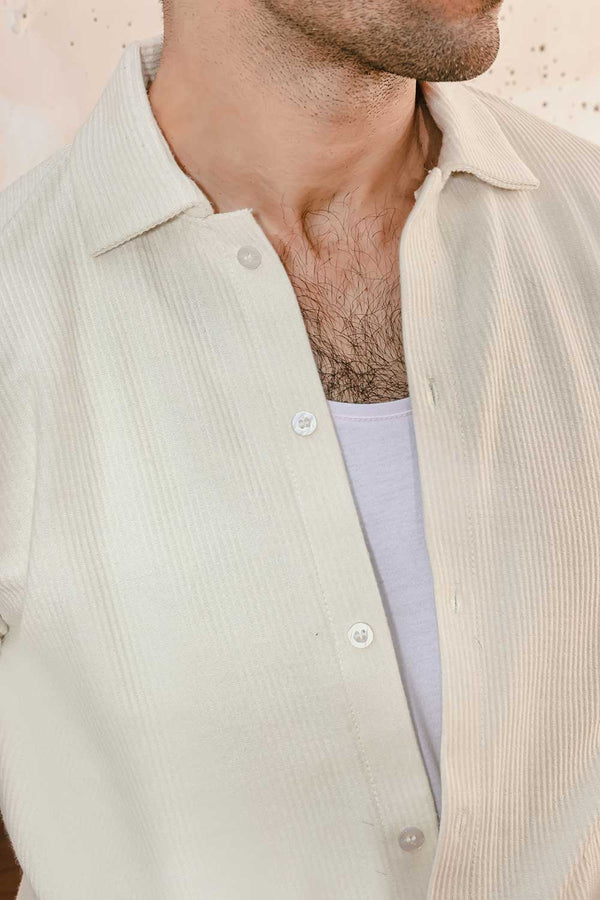 Cream Plisse Half Button Down Shirt