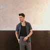 Grey Plisse Half Button Down Shirt