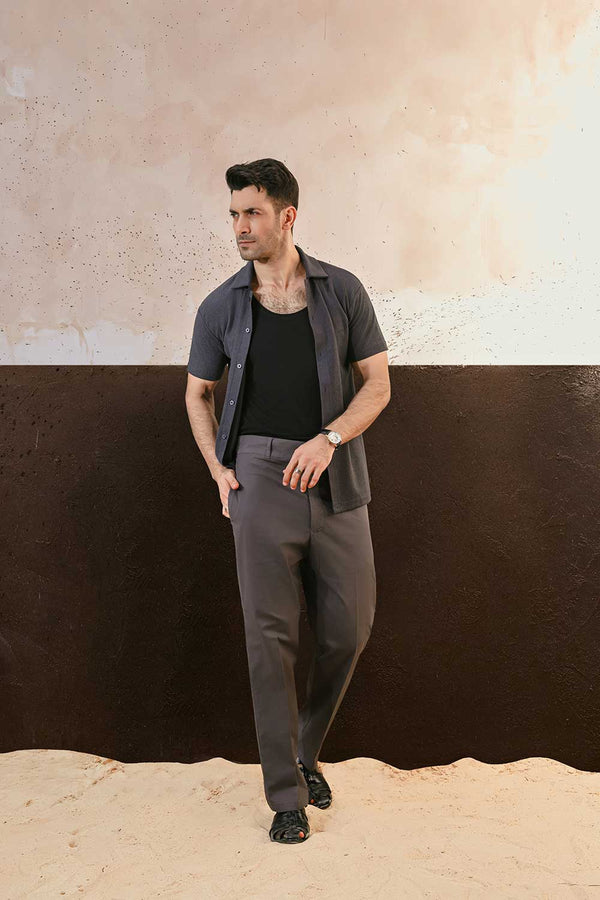 Grey Plisse Half Button Down Shirt