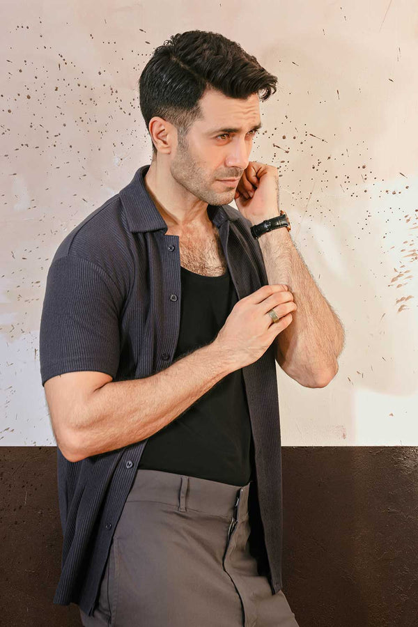 Grey Plisse Half Button Down Shirt