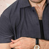 Grey Plisse Half Button Down Shirt