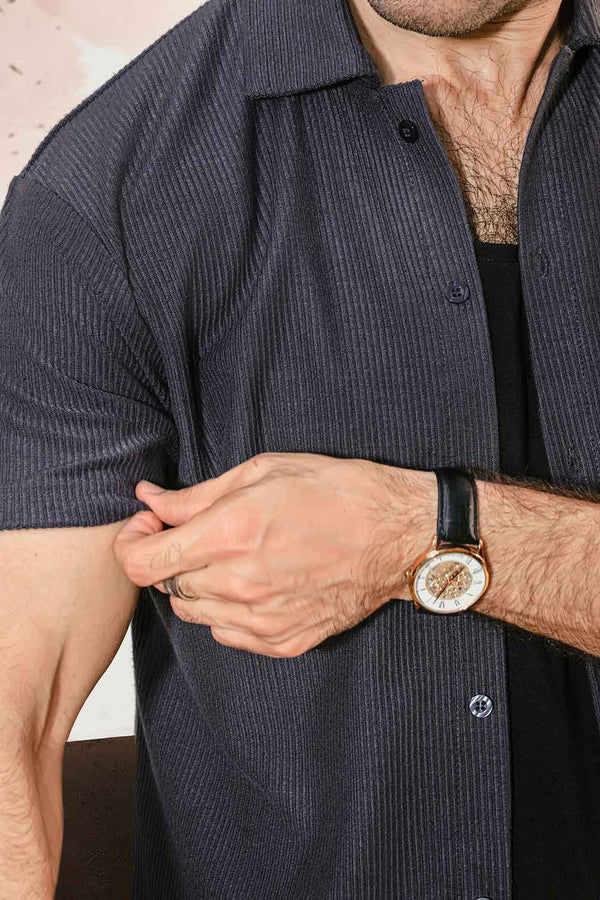 Grey Plisse Half Button Down Shirt