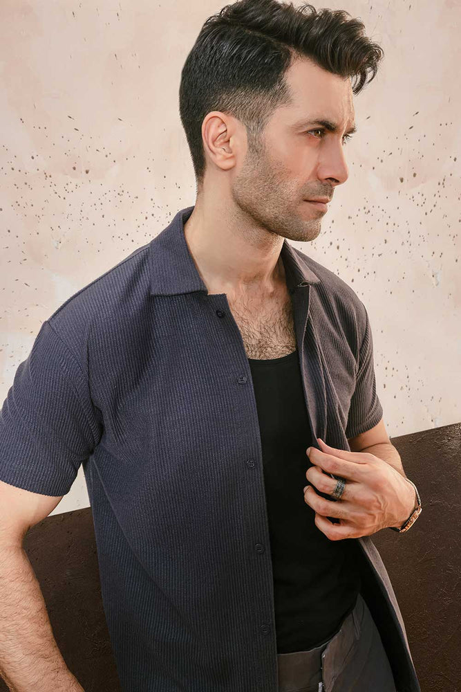 Grey Plisse Half Button Down Shirt