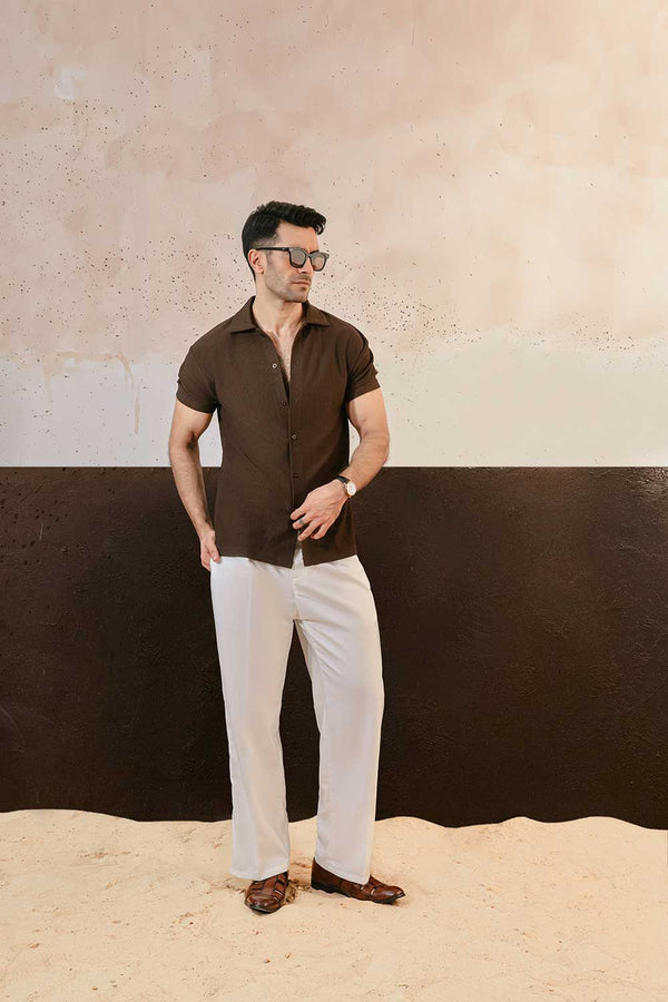 Khaki Green Plisse Half Button Down Shirt