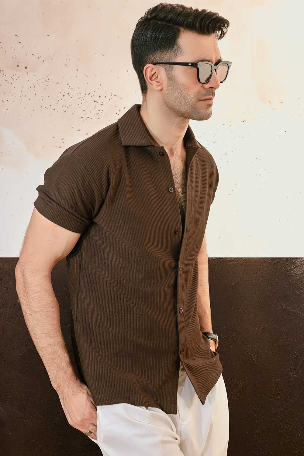 Khaki Green Plisse Half Button Down Shirt