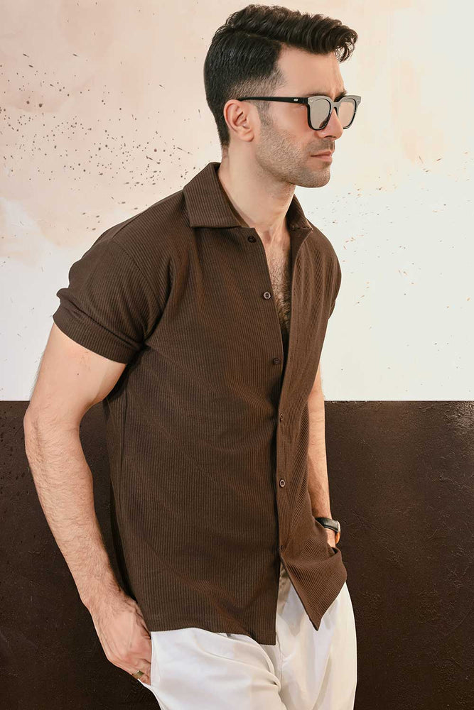 Khaki Green Plisse Half Button Down Shirt