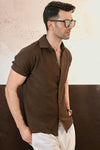 Khaki Green Plisse Half Button Down Shirt