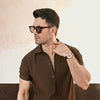 Khaki Green Plisse Half Button Down Shirt
