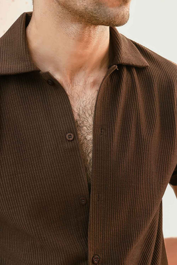 Khaki Green Plisse Half Button Down Shirt