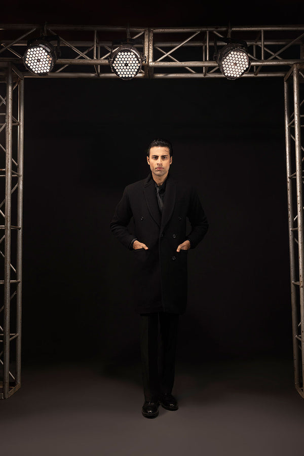 Black Double Breasted Wool Over Coat
