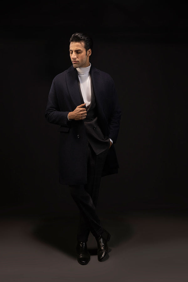 Navy Blue Double Breasted Wool Over Coat