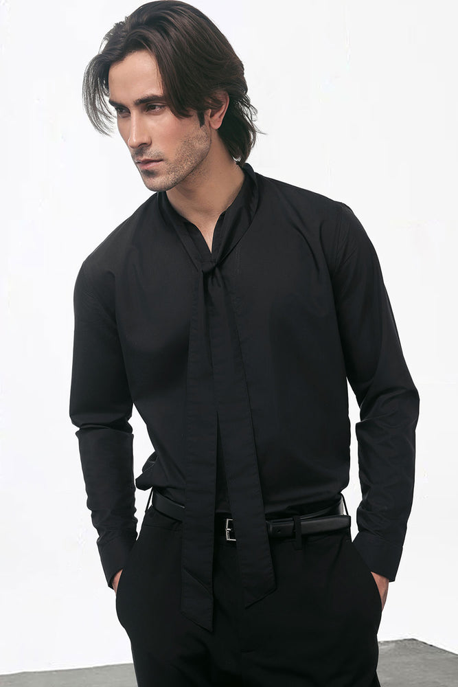 Black Flowing Shirt With Tie Detail