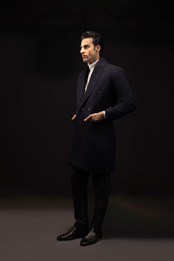 Navy Blue Double Breasted Wool Over Coat