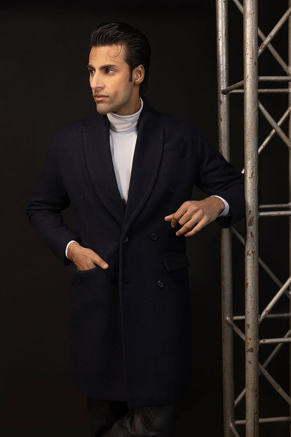 Navy Blue Double Breasted Wool Over Coat